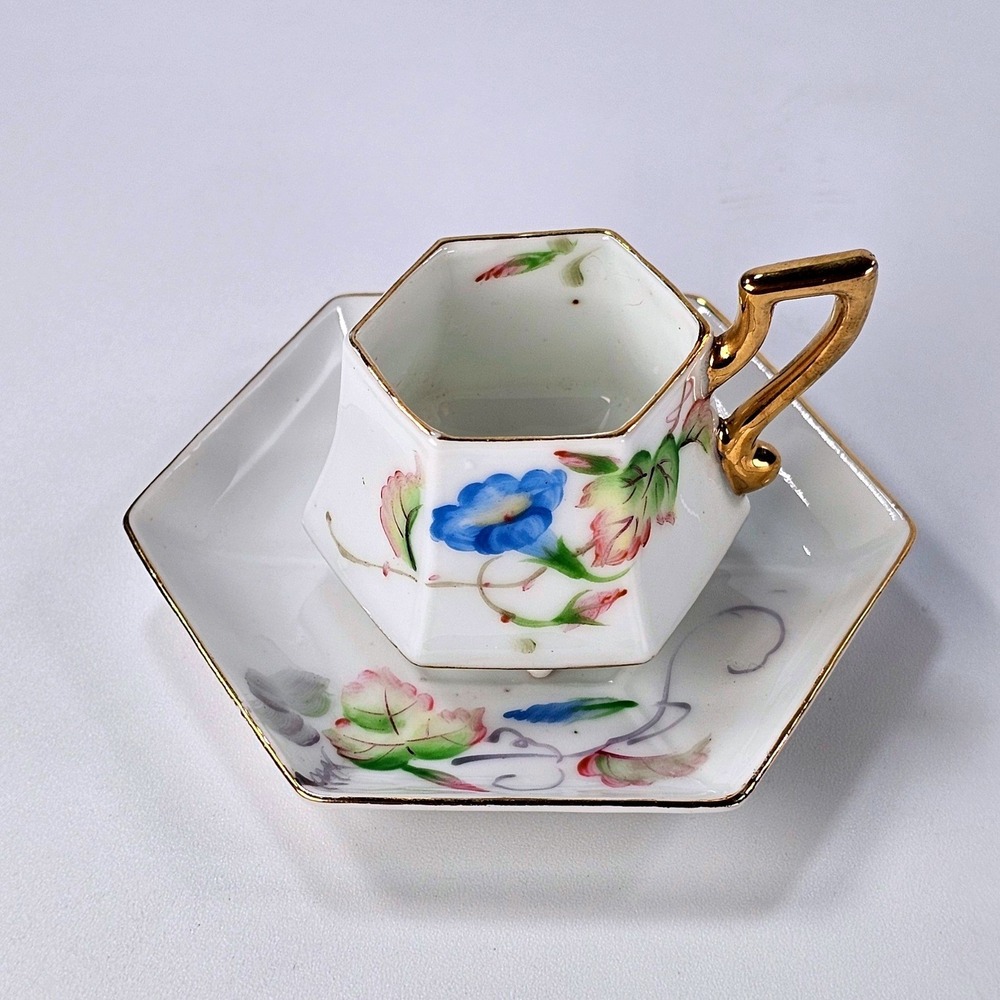 Vintage Occupied Japan Miniature Hexagon Teacup Saucer Set Floral Gold Trim